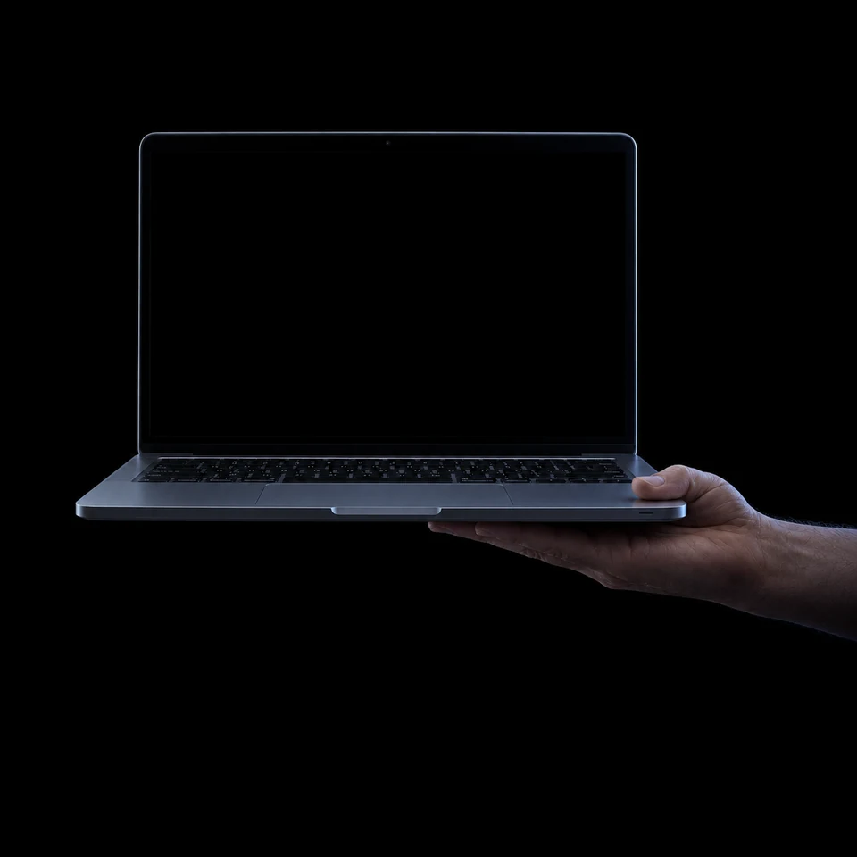Eine Hand präsentiert einen geöffneten Laptop im dunklen Studio.